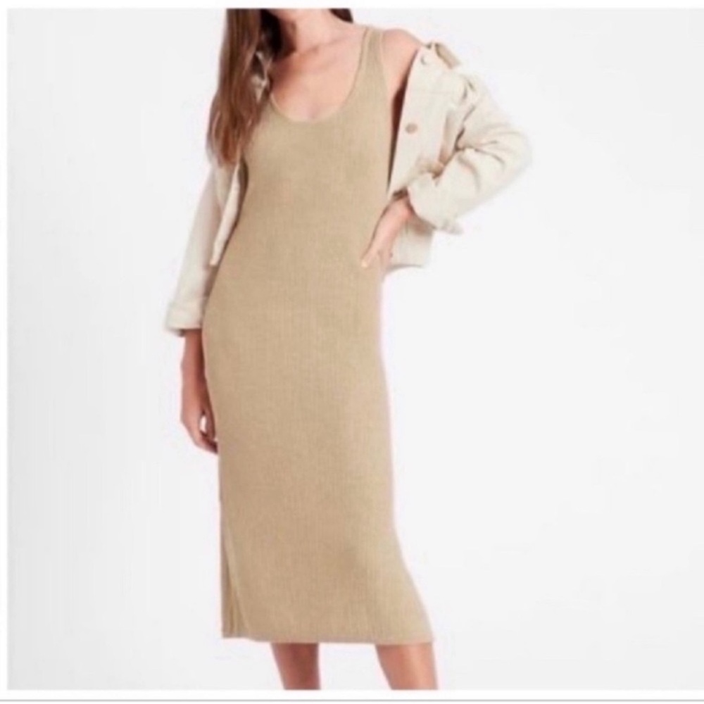 Banana Republic Sleek Minimal Khaki Tan Linen Midi dress s L
